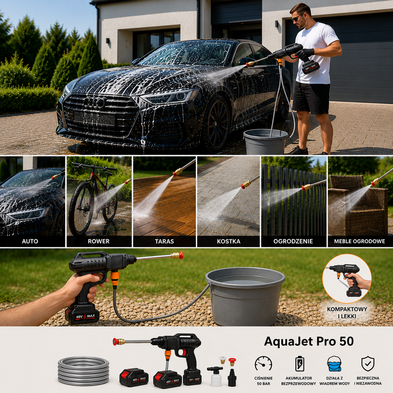 AquaJet Pro 50 — wielofunkcyjna myjka ciśnieniowa do auta, roweru, tarasu i ogrodu
