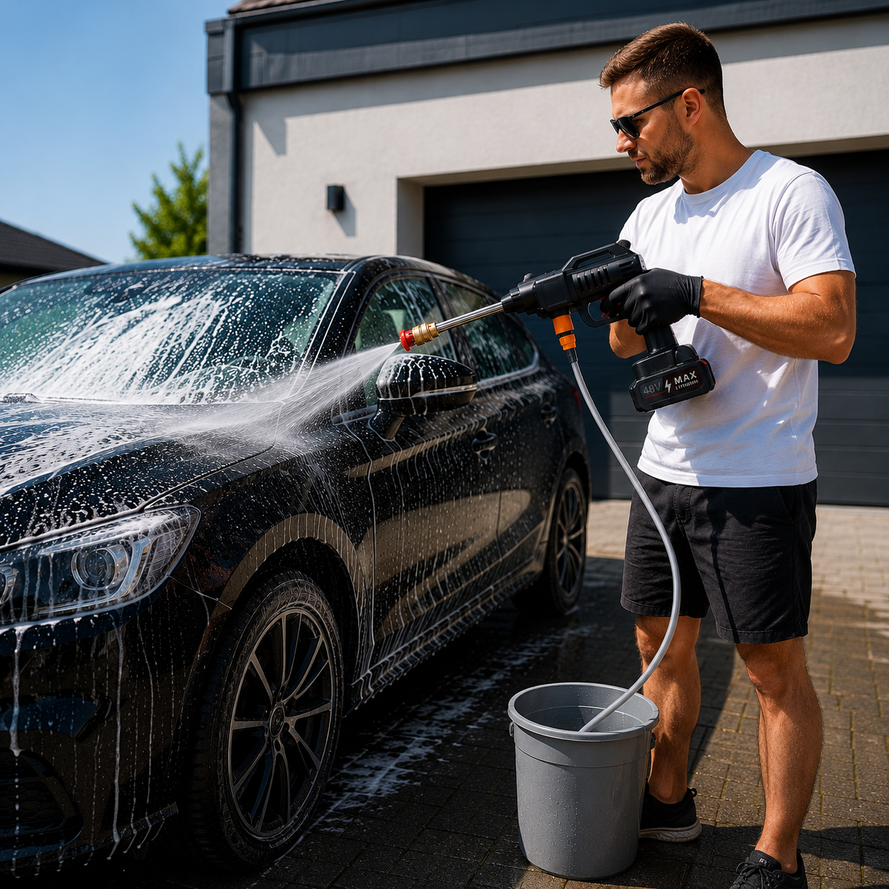 Mężczyzna myje auto bezprzewodową myjką ciśnieniową z wiadra wody